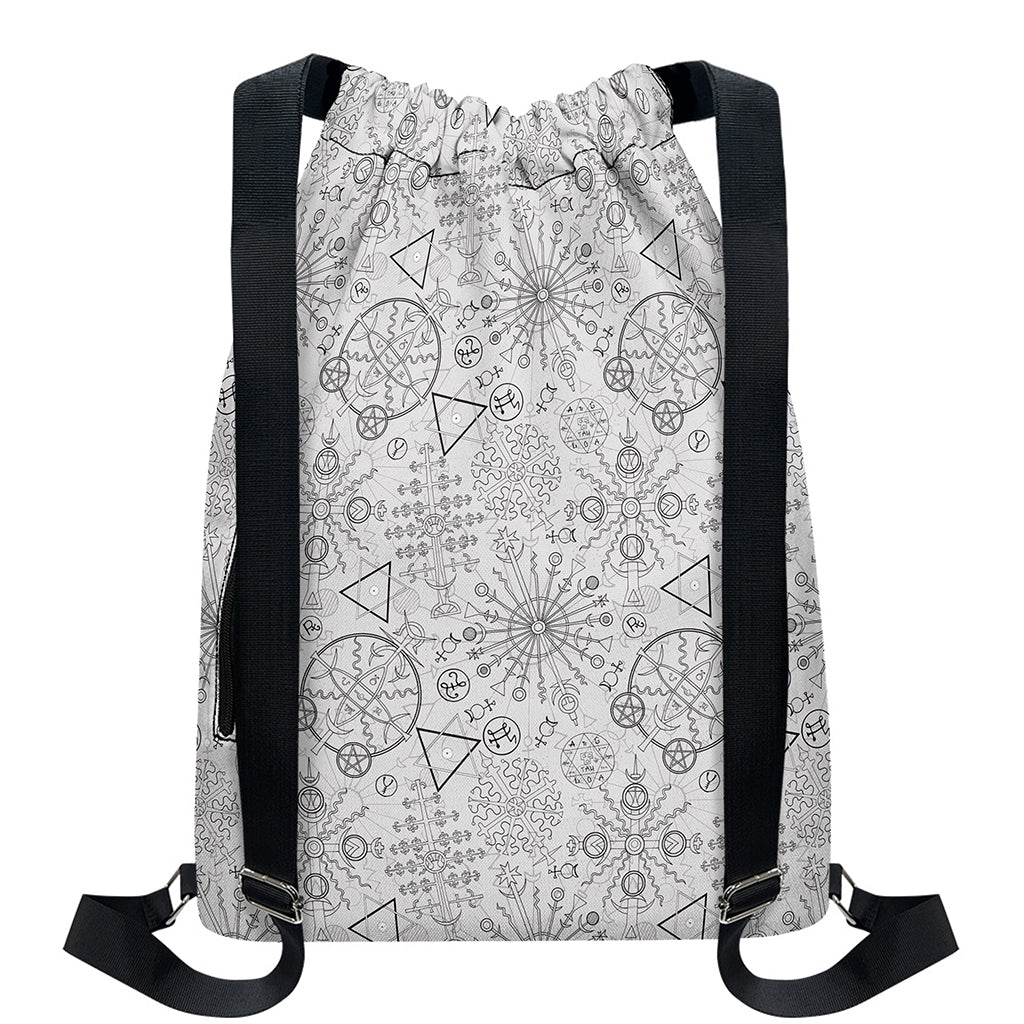 Grey And Black Mystical Wiccan Print Drawstring Backpack