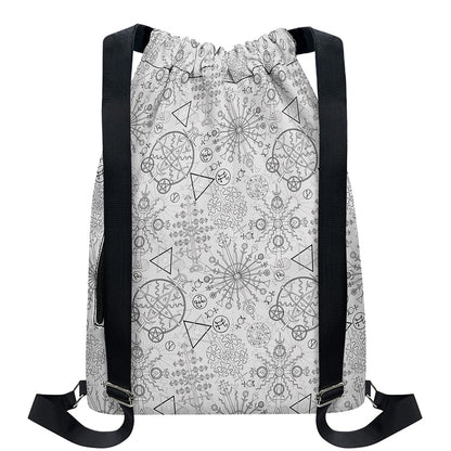 Grey And Black Mystical Wiccan Print Drawstring Backpack