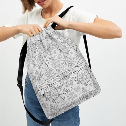 Grey And Black Mystical Wiccan Print Drawstring Backpack