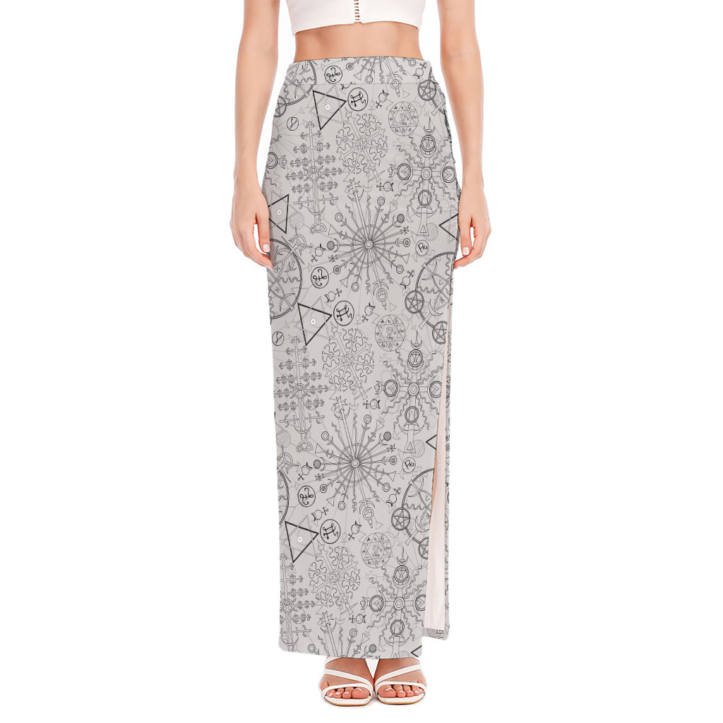 Grey And Black Mystical Wiccan Print High Slit Maxi Skirt