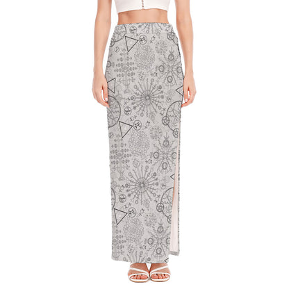 Grey And Black Mystical Wiccan Print High Slit Maxi Skirt
