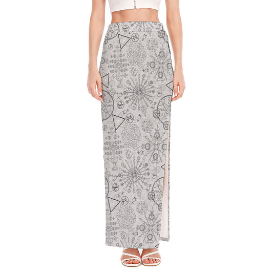 Grey And Black Mystical Wiccan Print High Slit Maxi Skirt