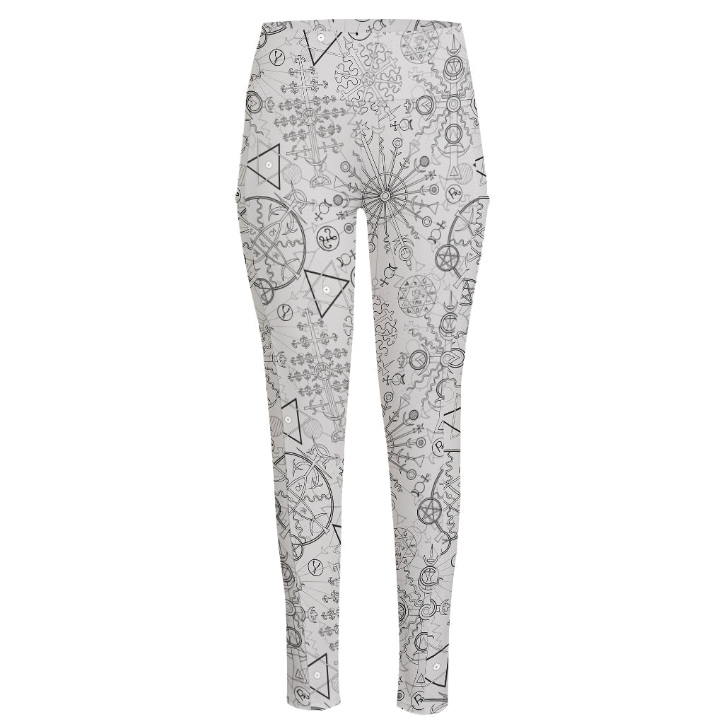 Grey And Black Mystical Wiccan Print High-Waisted Pocket Leggings