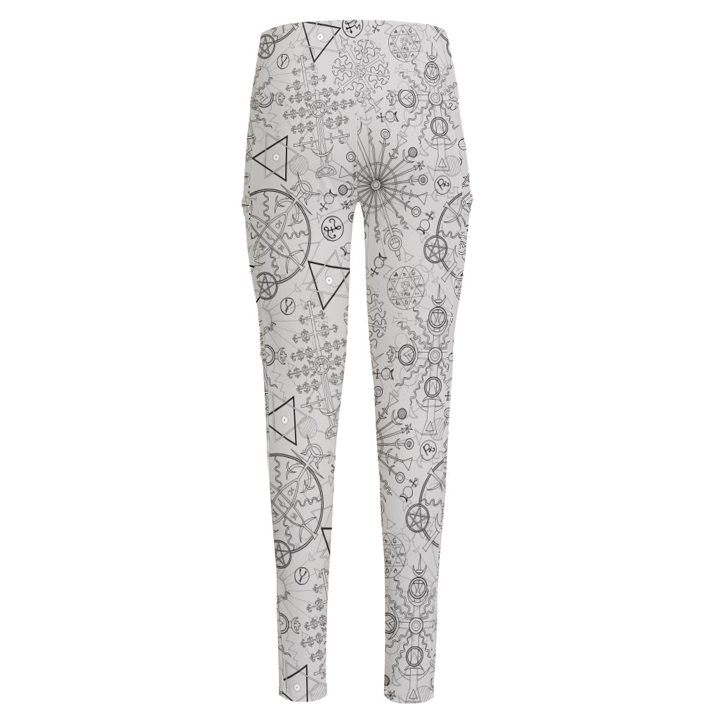 Grey And Black Mystical Wiccan Print High-Waisted Pocket Leggings