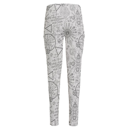 Grey And Black Mystical Wiccan Print High-Waisted Pocket Leggings