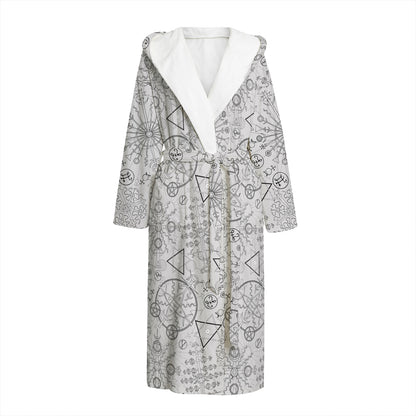 Grey And Black Mystical Wiccan Print Hooded Bathrobe
