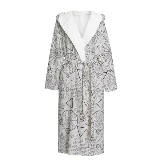 Grey And Black Mystical Wiccan Print Hooded Bathrobe