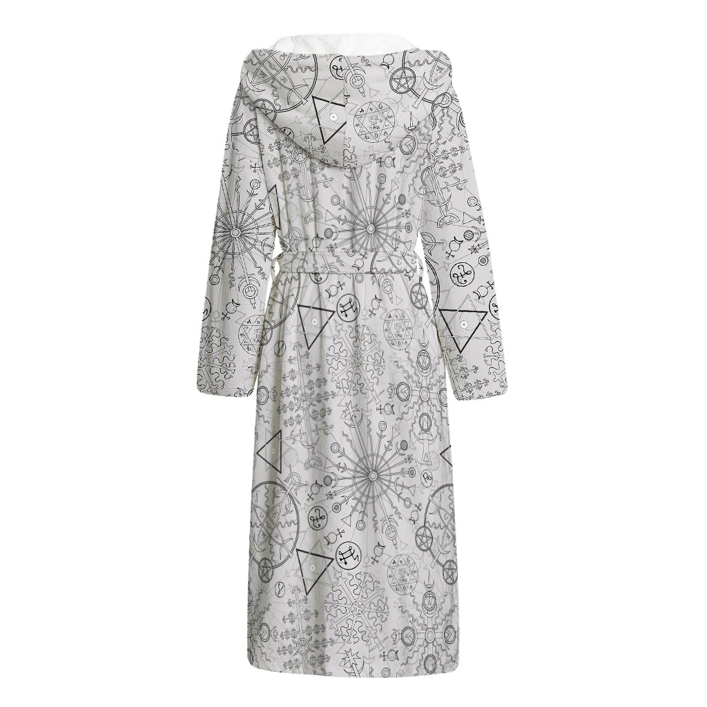 Grey And Black Mystical Wiccan Print Hooded Bathrobe