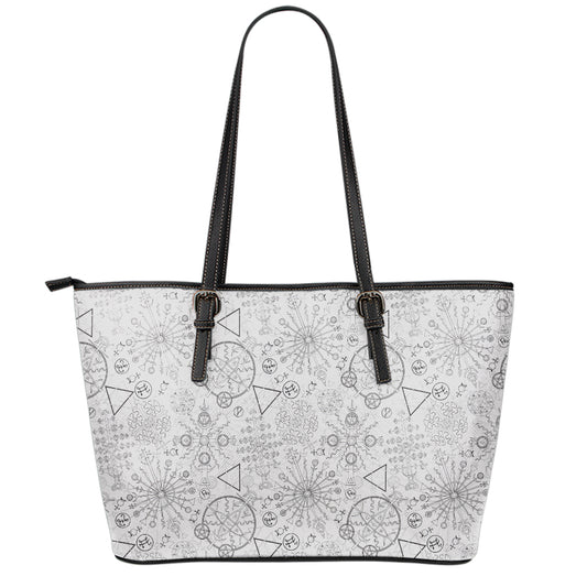 Grey And Black Mystical Wiccan Print Leather Tote Bag