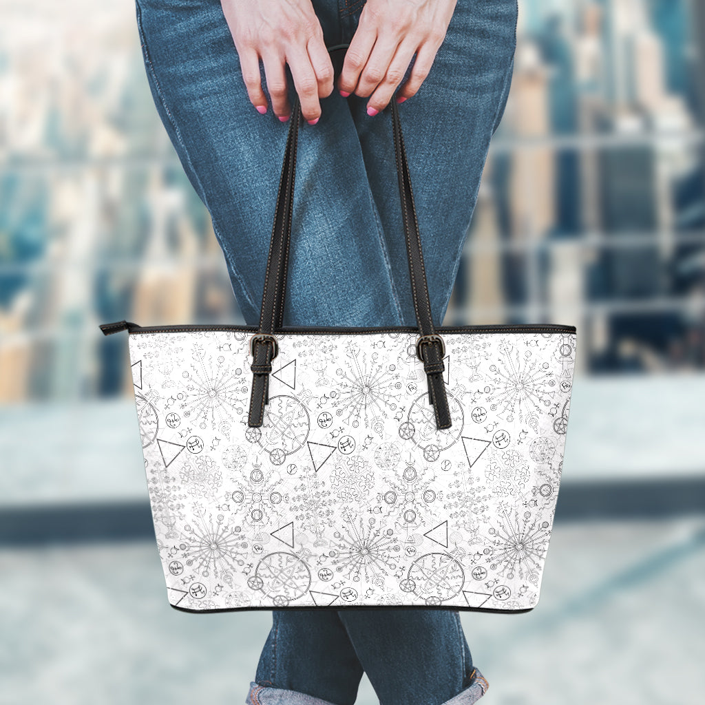 Grey And Black Mystical Wiccan Print Leather Tote Bag