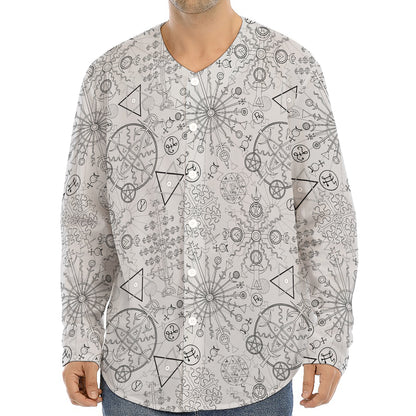 Grey And Black Mystical Wiccan Print Long Sleeve Baseball Jersey