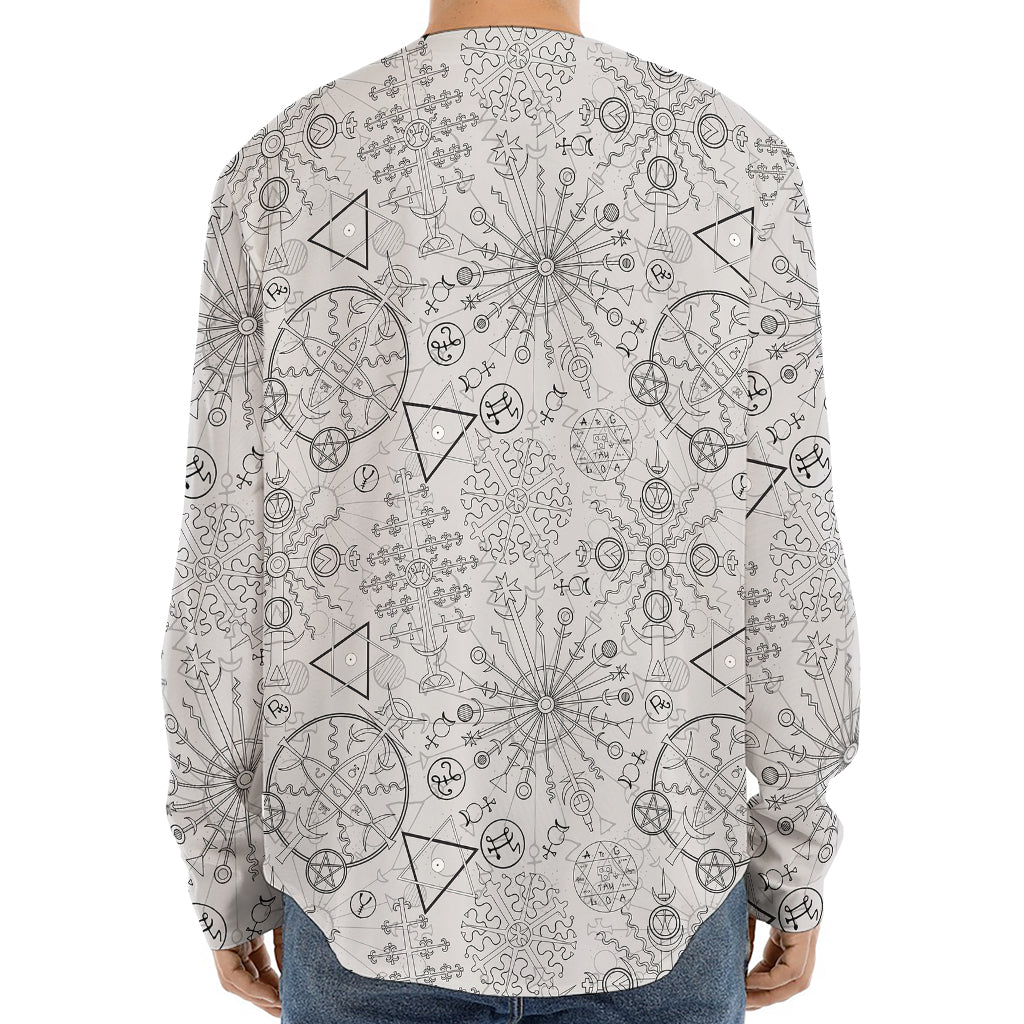 Grey And Black Mystical Wiccan Print Long Sleeve Baseball Jersey