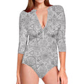 Grey And Black Mystical Wiccan Print Long Sleeve Swimsuit