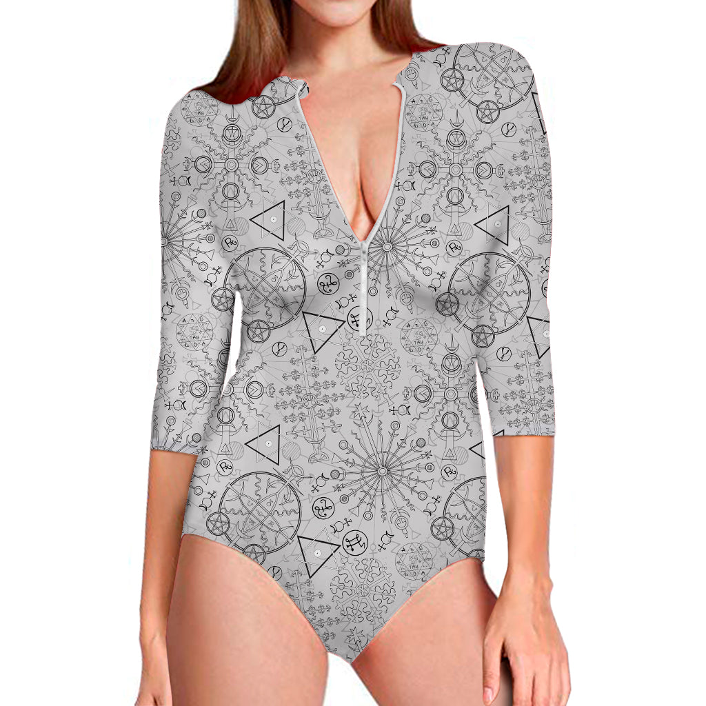 Grey And Black Mystical Wiccan Print Long Sleeve Swimsuit