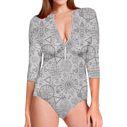 Grey And Black Mystical Wiccan Print Long Sleeve Swimsuit