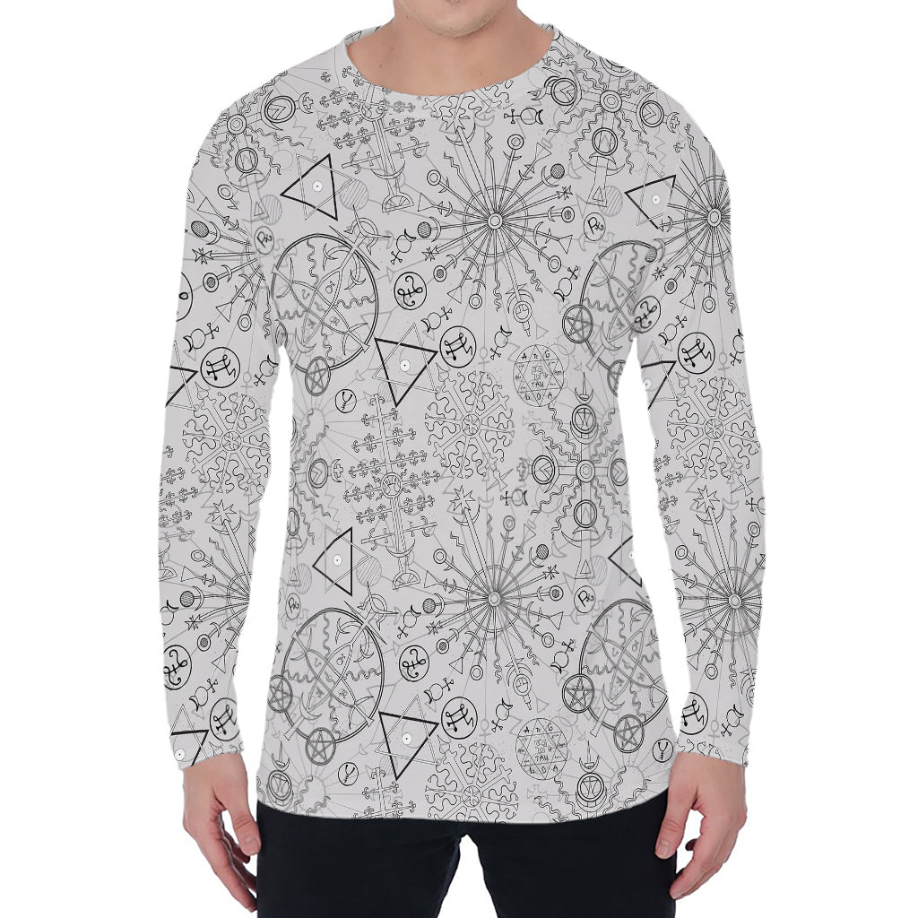 Grey And Black Mystical Wiccan Print Men's Long Sleeve T-Shirt