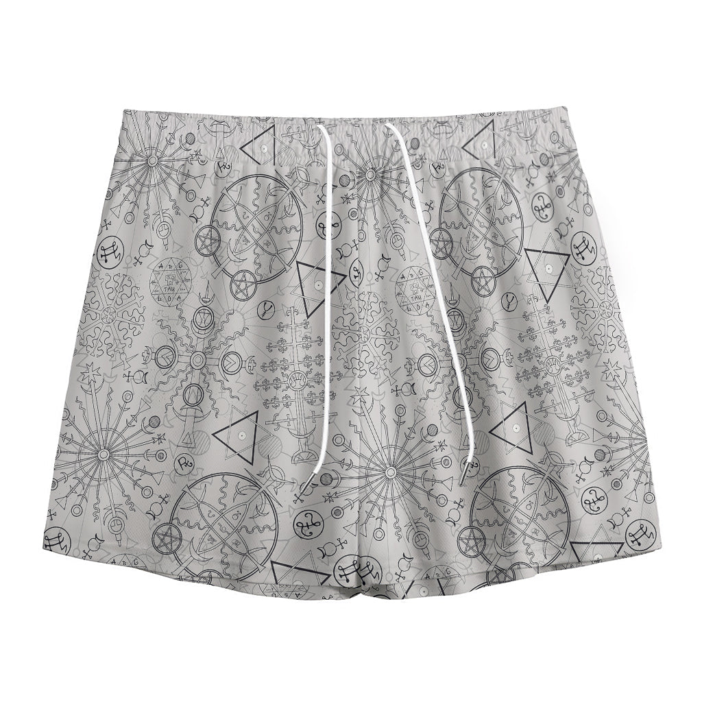 Grey And Black Mystical Wiccan Print Mesh Shorts
