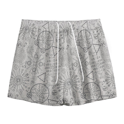 Grey And Black Mystical Wiccan Print Mesh Shorts