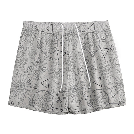 Grey And Black Mystical Wiccan Print Mesh Shorts