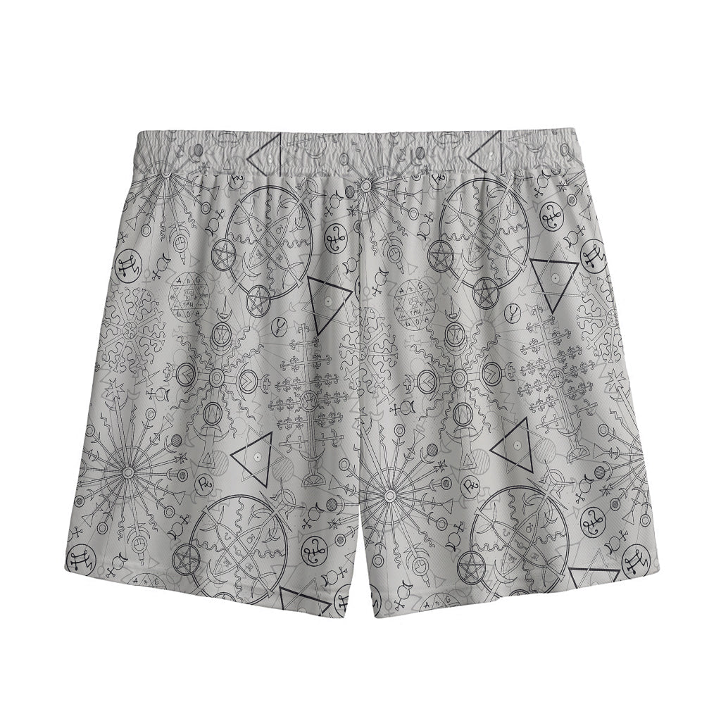 Grey And Black Mystical Wiccan Print Mesh Shorts