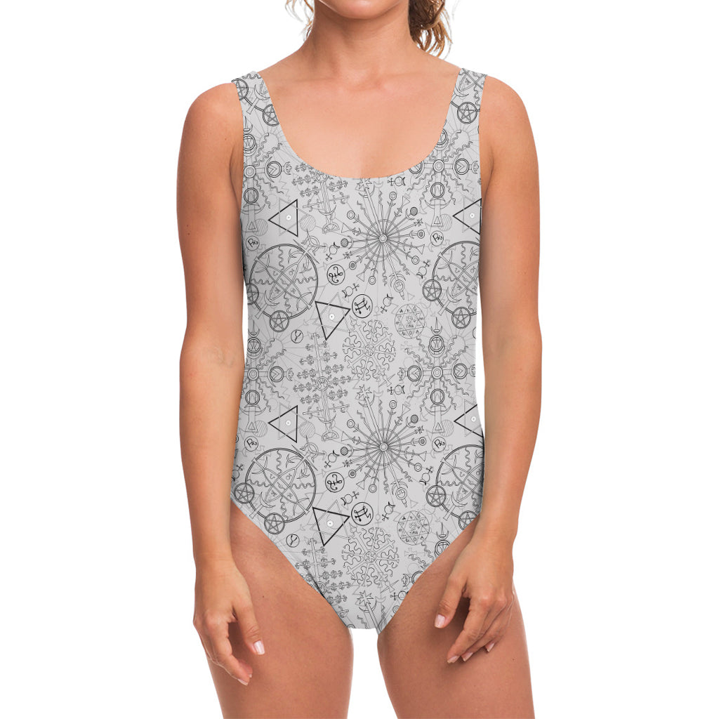 Grey And Black Mystical Wiccan Print One Piece Swimsuit