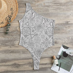 Grey And Black Mystical Wiccan Print One Shoulder Bodysuit