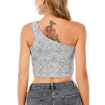 Grey And Black Mystical Wiccan Print One Shoulder Crop Top