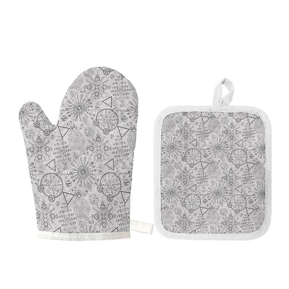 Grey And Black Mystical Wiccan Print Oven Mitt And Pot Holder Set