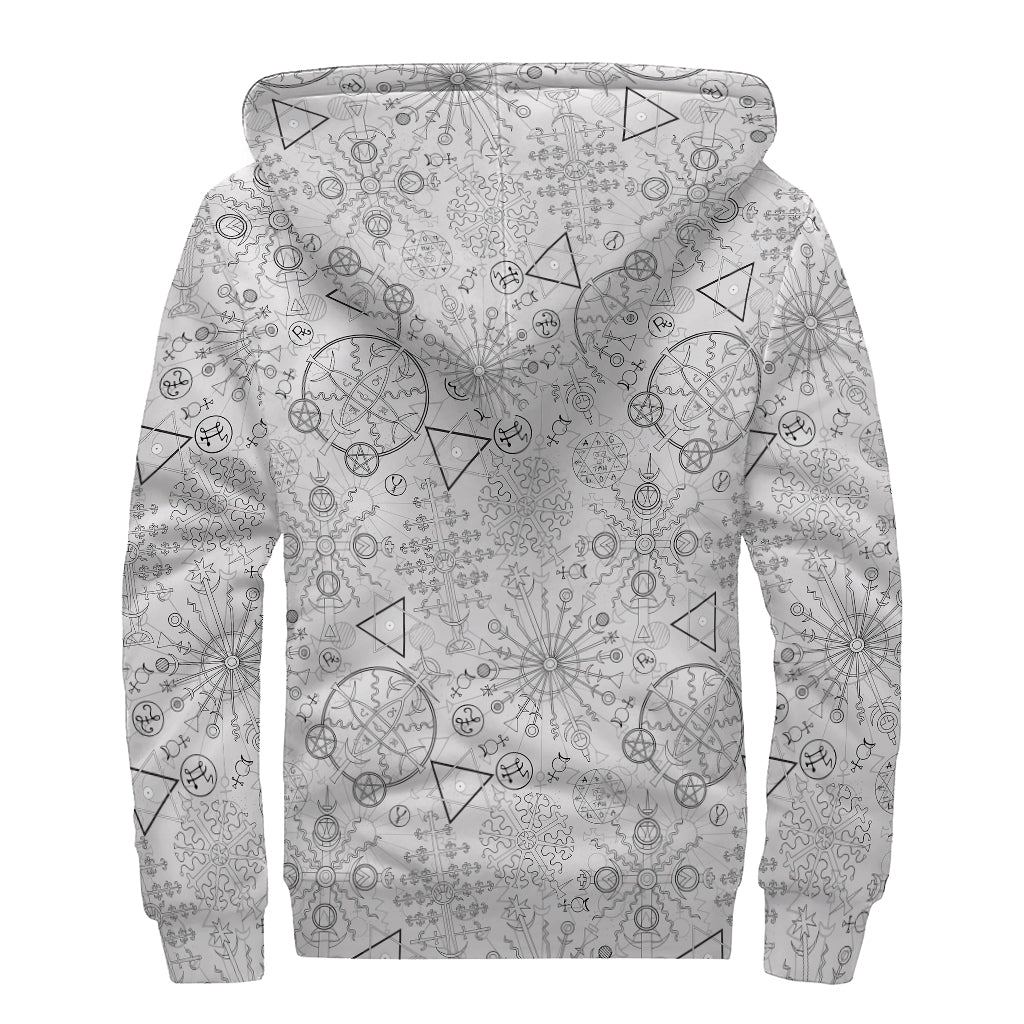 Grey And Black Mystical Wiccan Print Sherpa Lined Zip Up Hoodie