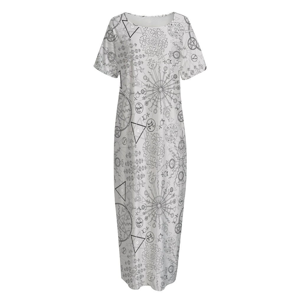 Grey And Black Mystical Wiccan Print Short Sleeve Long Nightdress