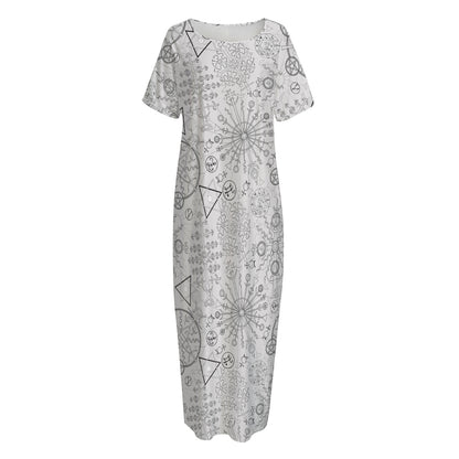 Grey And Black Mystical Wiccan Print Short Sleeve Long Nightdress