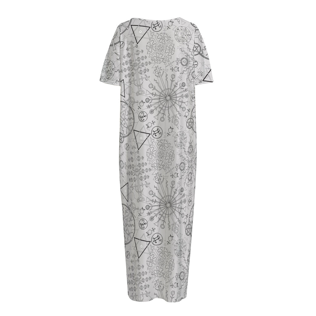 Grey And Black Mystical Wiccan Print Short Sleeve Long Nightdress