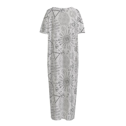 Grey And Black Mystical Wiccan Print Short Sleeve Long Nightdress