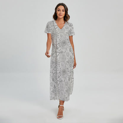 Grey And Black Mystical Wiccan Print Short Sleeve Maxi Dress
