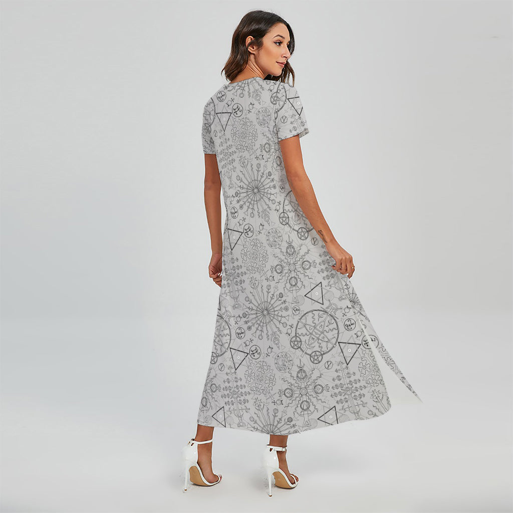 Grey And Black Mystical Wiccan Print Short Sleeve Maxi Dress