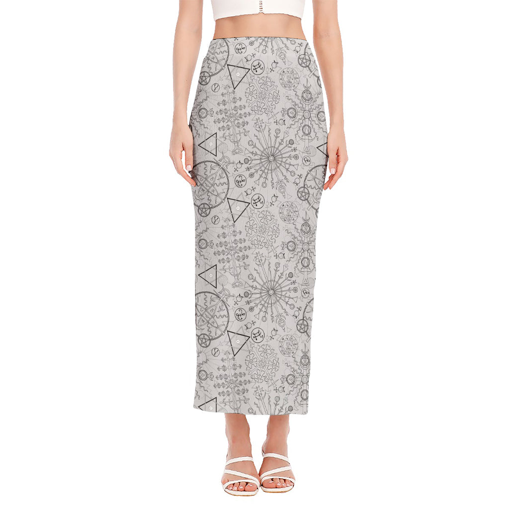 Grey And Black Mystical Wiccan Print Side Slit Maxi Skirt