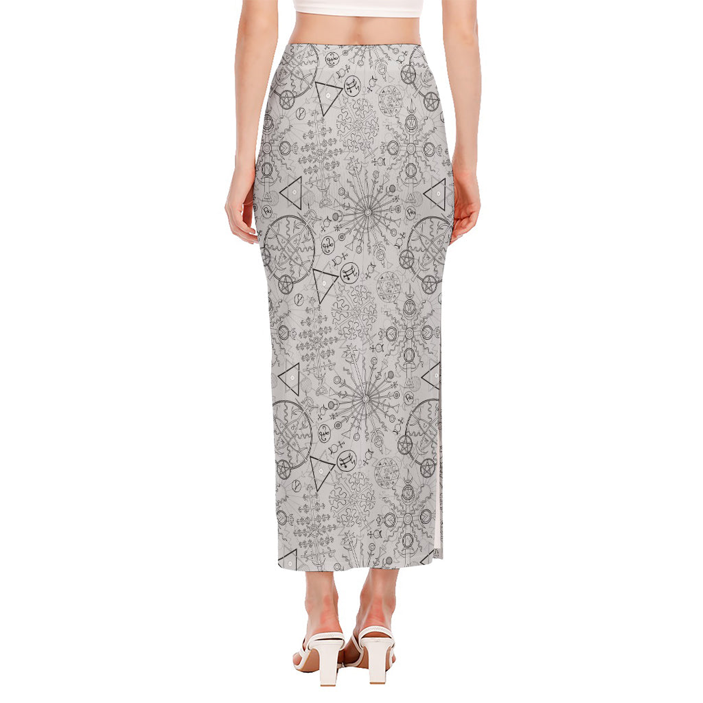 Grey And Black Mystical Wiccan Print Side Slit Maxi Skirt