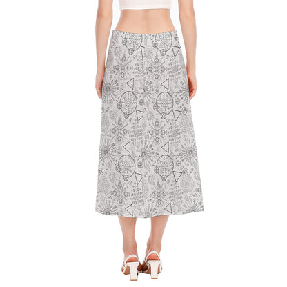 Grey And Black Mystical Wiccan Print Side Slit Midi Skirt
