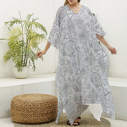 Grey And Black Mystical Wiccan Print Silk V-Neck Kaftan Dress