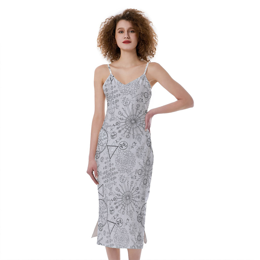 Grey And Black Mystical Wiccan Print Slim Fit Midi Cami Dress