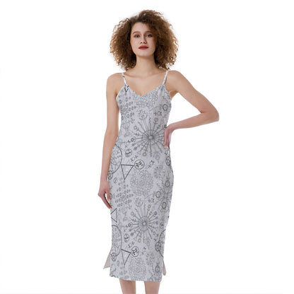 Grey And Black Mystical Wiccan Print Slim Fit Midi Cami Dress