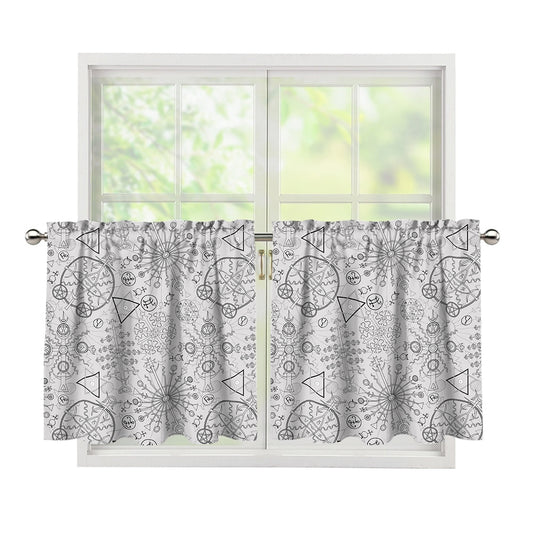Grey And Black Mystical Wiccan Print Tier Curtains