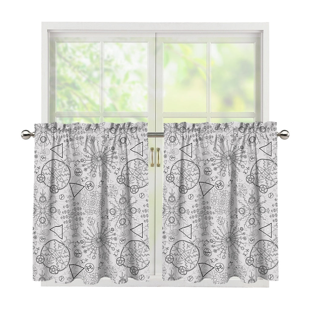 Grey And Black Mystical Wiccan Print Tier Curtains