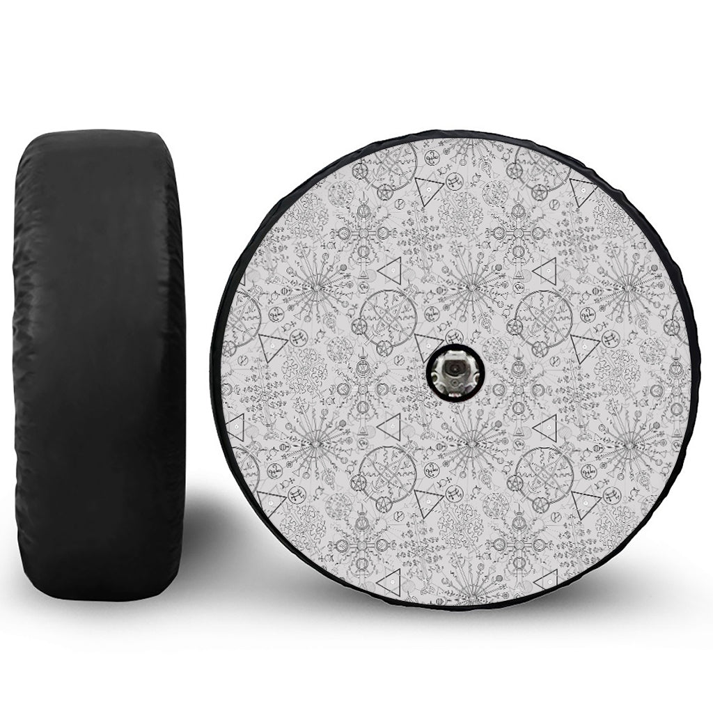 Grey And Black Mystical Wiccan Print Tire Cover With Camera Hole