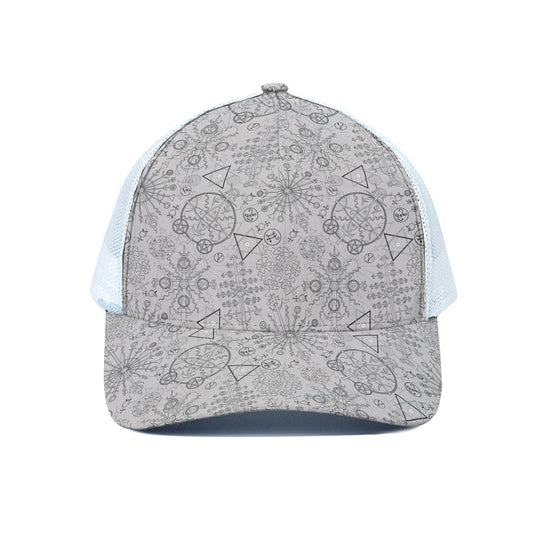 Grey And Black Mystical Wiccan Print White Mesh Trucker Cap