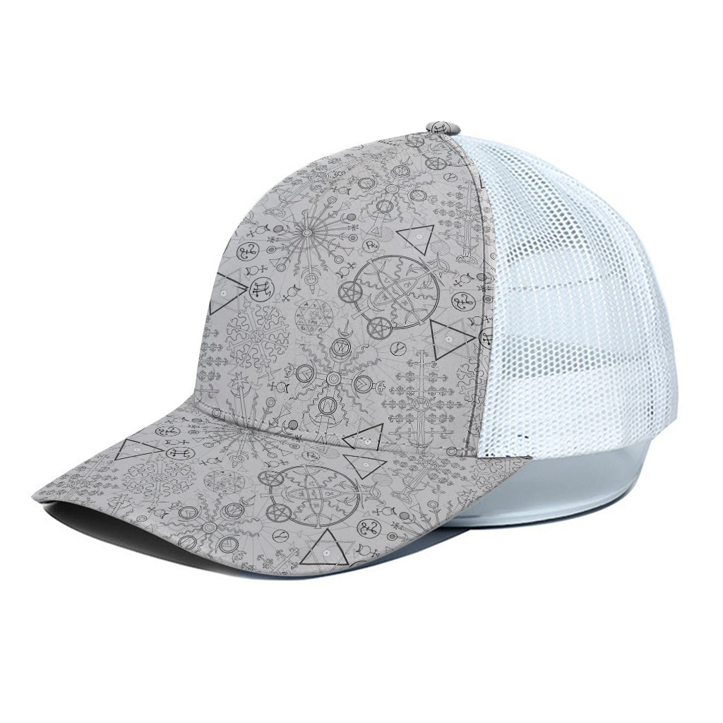 Grey And Black Mystical Wiccan Print White Mesh Trucker Cap