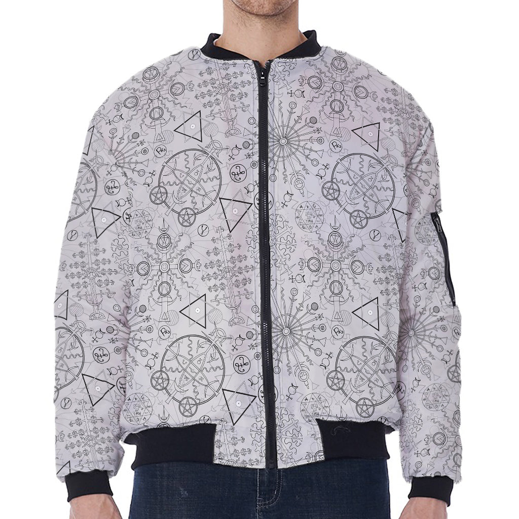 Grey And Black Mystical Wiccan Print Zip Sleeve Bomber Jacket