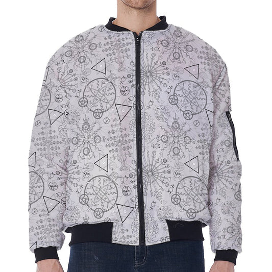 Grey And Black Mystical Wiccan Print Zip Sleeve Bomber Jacket