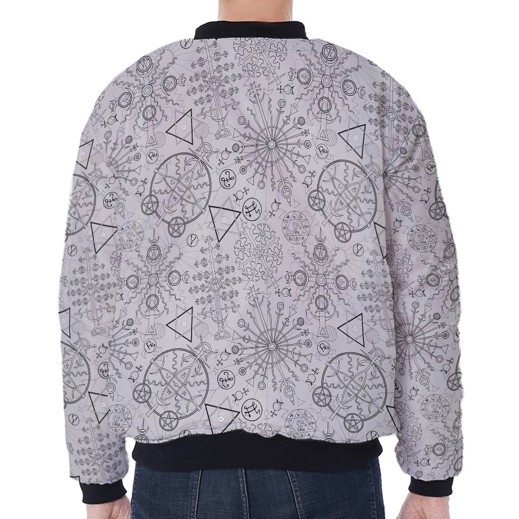 Grey And Black Mystical Wiccan Print Zip Sleeve Bomber Jacket