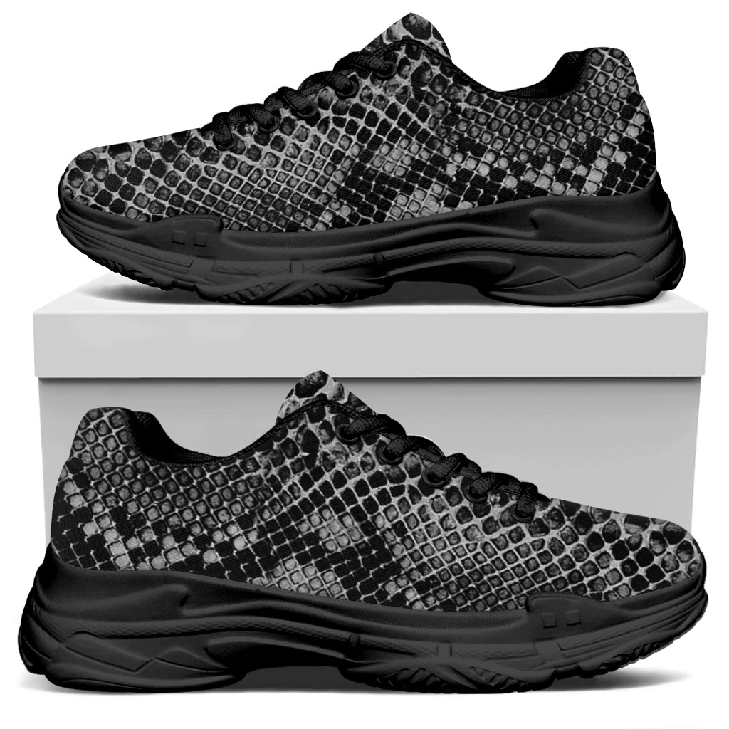 Grey And Black Snakeskin Print Black Chunky Shoes